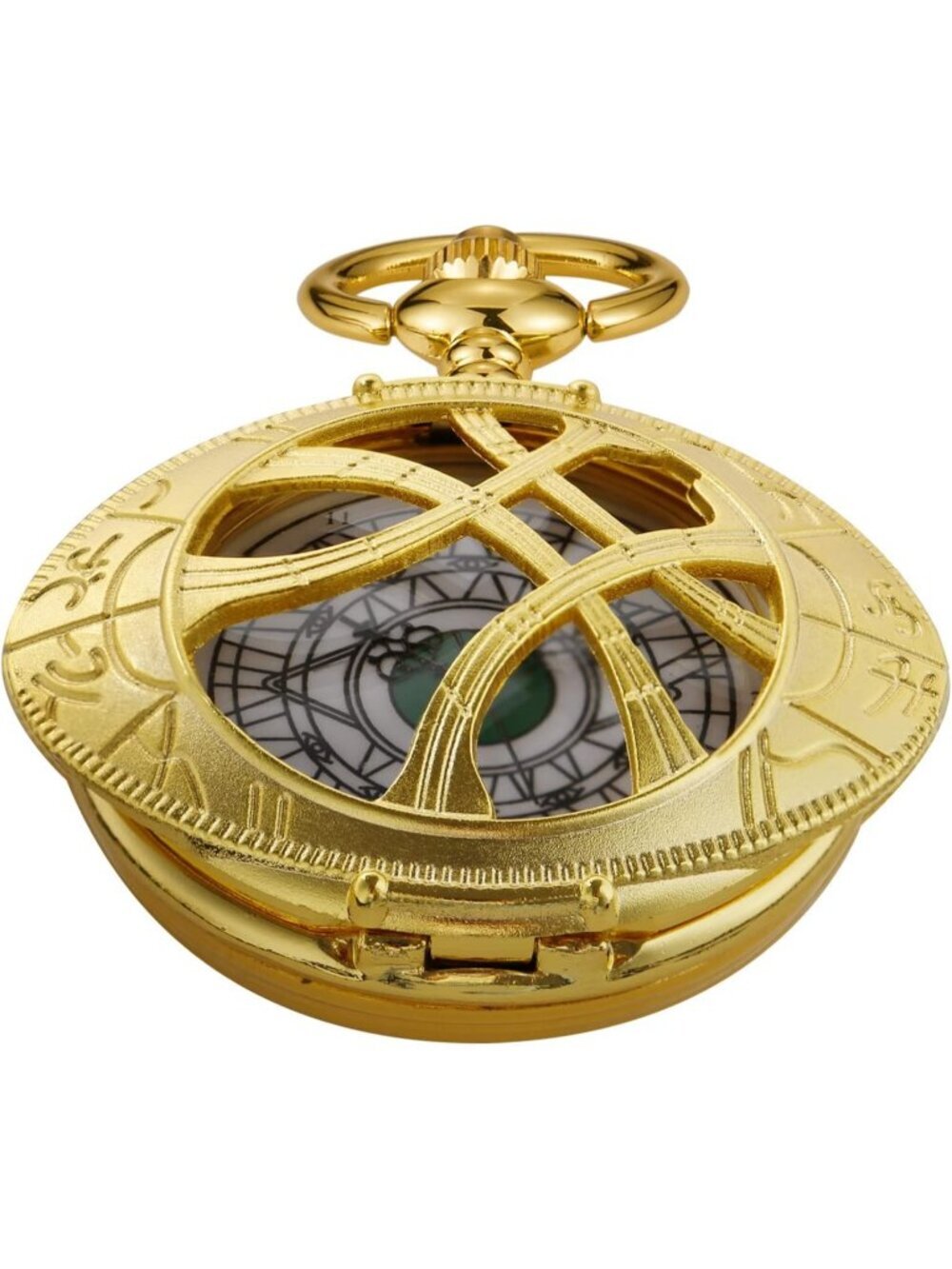 Men's Gold Analog Quartz Green Eyes Shape Pendant Necklace Round Pocket Watch